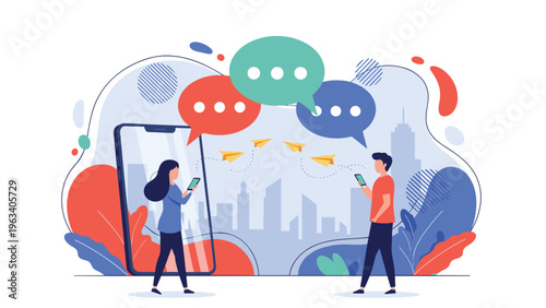 Two people communicating using smartphones with colorful speech bubbles and flying paper planes representing messages.