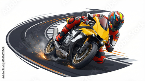 Dynamic illustration of a yellow sport motorcycle and racer cornering sharply on a race track curve