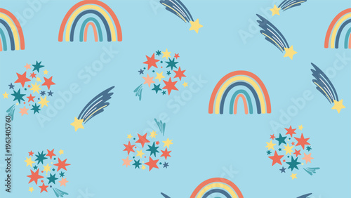 Whimsical seamless pattern featuring colorful rainbows shooting stars and clusters of twinkling stars on a light blue background.