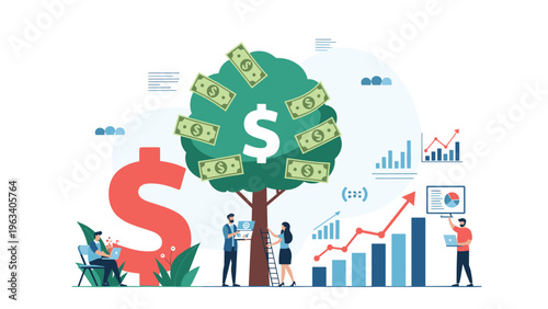 Diverse team of people works together around a large green money tree with dollar bills to achieve financial growth and success.