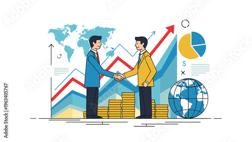 Professional businessmen shake hands in agreement in front of global maps and rising financial charts representing global success.