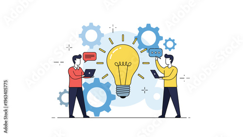 Creative team of professionals brainstorms new ideas with laptops next to a giant glowing light bulb and moving mechanical gears.