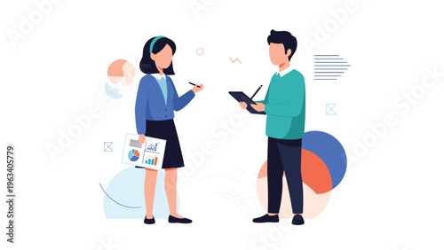 Business colleagues discuss financial reports and data charts while holding clipboards against a background of abstract shapes.