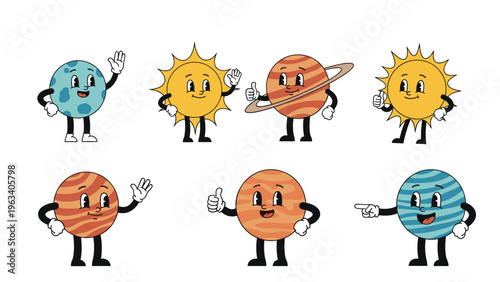 Set of colorful cartoon planets and suns with cute expressive faces and various gestures depicted on a plain white background.