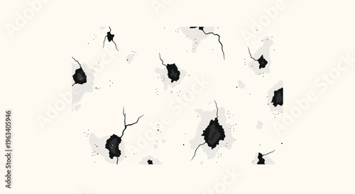 A light off-white surface is covered with an irregular pattern of multiple dark mold patches and thin cracks with scattered specks.