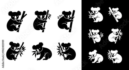 Set of Cute Koala Bear Icons in Silhouette and Outline Style