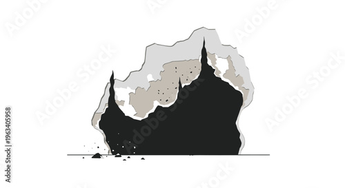 A large, irregularly shaped hole is illustrated in a white wall, revealing multiple layers of material with dark debris scattered at its base.