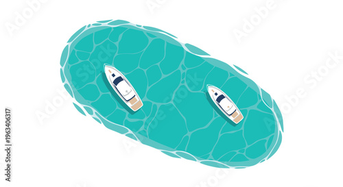 Two white motorboats float on a turquoise oval-shaped body of water against a clean white background.