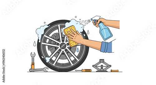 Hands are cleaning a car wheel with a sponge and spray bottle, surrounded by various maintenance tools on a white background.