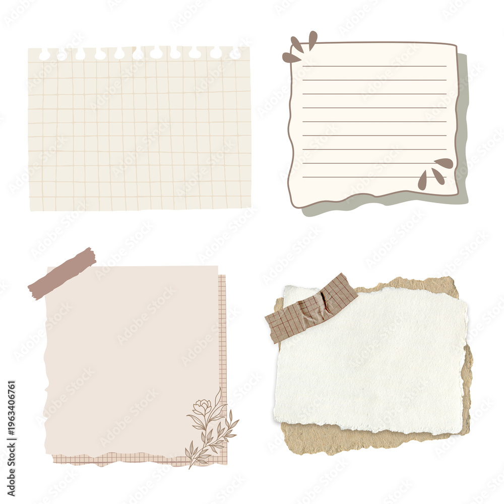 Fototapeta premium An assortment of decorative torn paper notes, memo pads, and sticky elements with a charming, rustic aesthetic for design