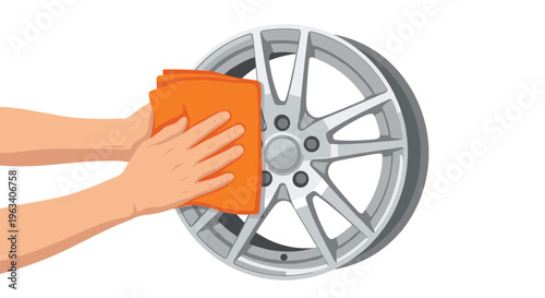 Hands are meticulously drying a clean, silver car wheel with an orange microfiber cloth on a white background.