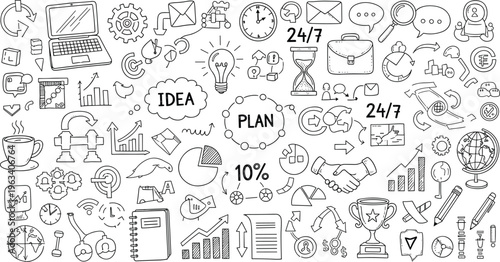Large business doodle icons set featuring idea plan strategy icons with laptop clock trophy light bulb and financial charts for creative office presentation vector design elements.