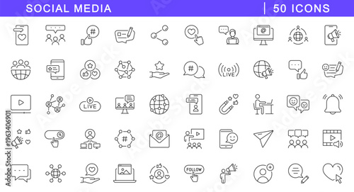Social media icon set. Social network icons in line style. Editable web icons website, posting, online community, target audience, content, blog, business marketing, influencer etc.