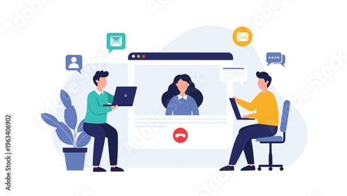 Business people having a remote video conference call on a laptop screen with mail and chat icons for communication.