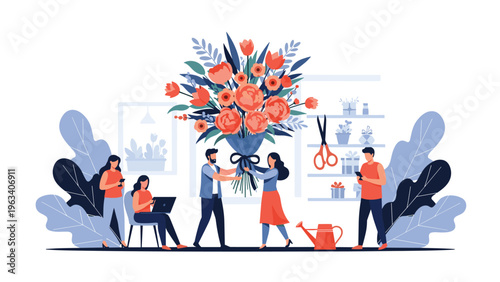 People at a florist shop preparing and buying a giant colorful bouquet of flowers with watering can and scissors.