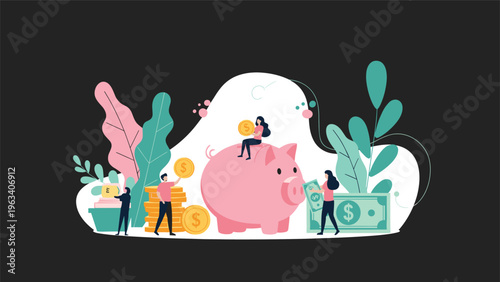 Financial planning concept showing people managing savings with a large pink piggy bank cash and stacked coins.