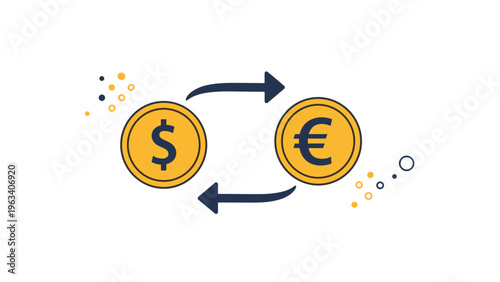 Financial currency exchange illustration featuring a gold dollar coin and a euro coin with dark blue circular arrows.