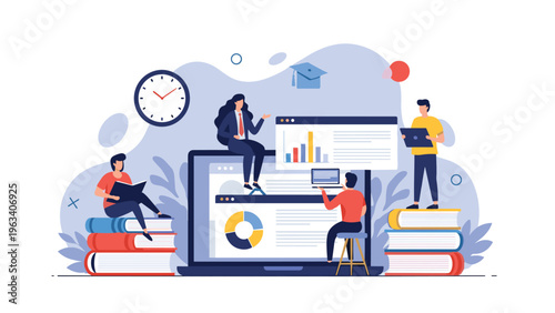 Team of students and professionals studies together around a large laptop with charts books and a graduation cap for academic success.