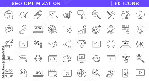 SEO icon set. Search Engine Optimization icons in line style. Editable web icons optimization, business, traffic, marketing, ranking and keyword etc. Vector illustration.