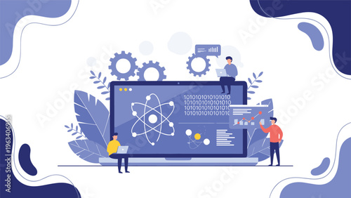 Scientists and engineers work on a large laptop with atomic icons and gears to develop new technology and research data.