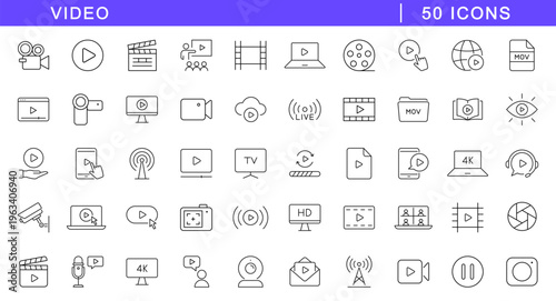 Video icon set. Video icons in line style. Editable web icons media, camera, player, pause, live, play, production, movie, cinema and online video. Vector illustration.