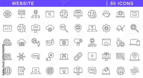 Website icon set. Website icons in line style. Editable web icons internet, content, blog, web design, SEO, server, hosting, homepage, marketing, e-commerce etc. Vector illustration.