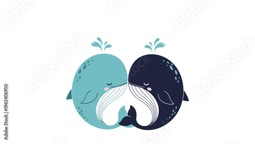 Two cute whales face each other with sweet smiles and water spouting from their blowholes in a minimalist and clean ocean style.