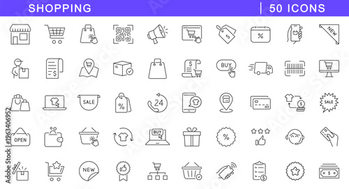Shopping icon set. E-commerce icons in line style. Editable web icons shop, cart, delivery, buy, product, online shopping etc. Vector illustration.