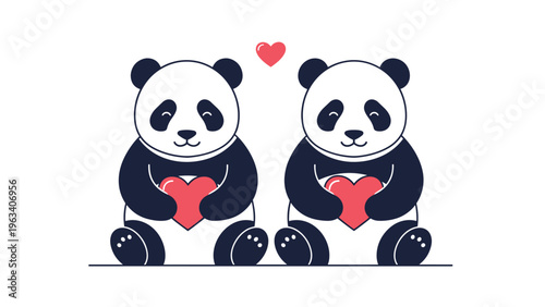 Two adorable pandas sit together holding bright red hearts expressing love and affection in a cute and charming cartoon style.
