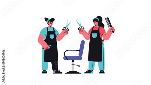 Two professional hairdressers holding scissors and a hair comb stand next to a modern blue salon chair on a white background.