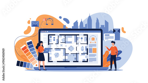Interior designers work on a floor plan using a large laptop and color palettes to create a modern city apartment layout.