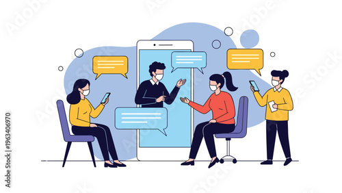 Group of people wearing protective masks sit and stand around a large smartphone during a remote video call for social connection.