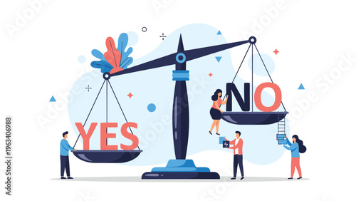 Diverse people work together to weigh the words yes and no on a giant balance scale to make an important collective decision.