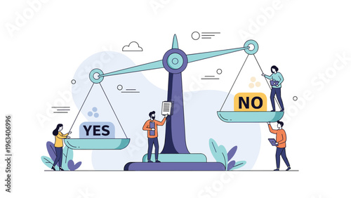 People use a large balance scale to compare the options yes and no while reviewing documents for a fair and balanced decision.