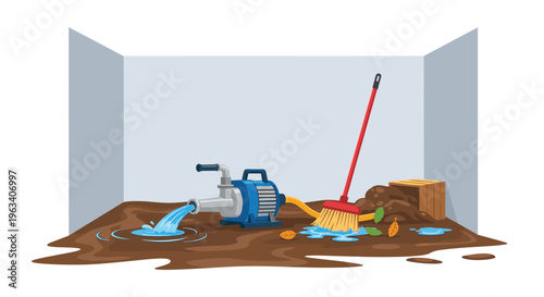 A blue water pump drains clear water into a muddy puddle with a broom and crate on a gray floor.