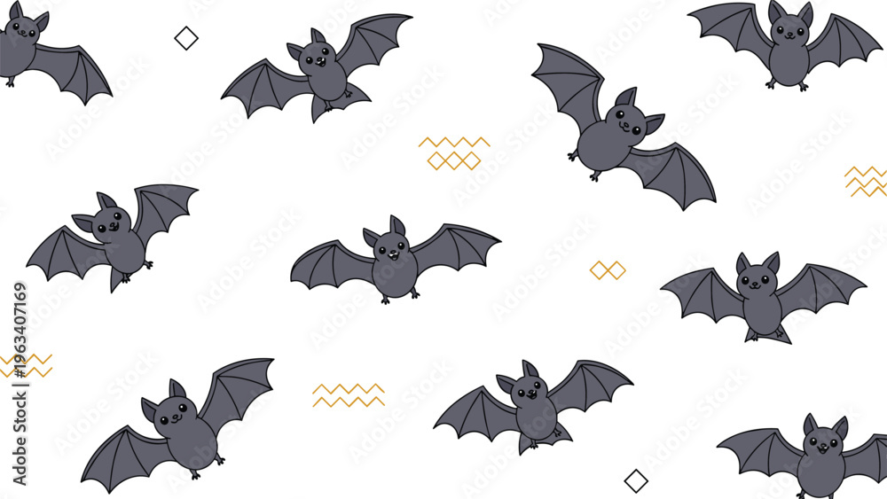Obraz premium Seamless pattern of cute gray cartoon bats with wings and big ears flying across a white background with geometric gold ornaments.