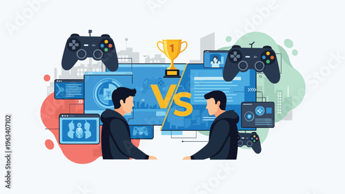 Competitive esports concept with two male gamers facing off in a video game tournament with large controllers and a gold winner trophy icon.