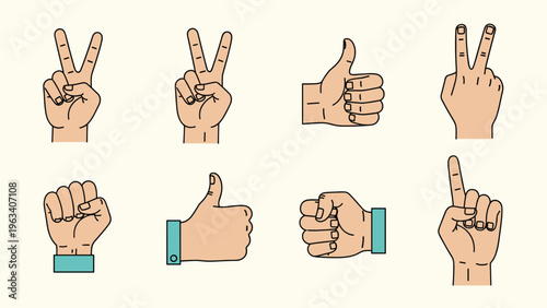 Collection of eight common hand gestures including peace sign, thumbs up, fist, and pointing finger for non verbal communication.