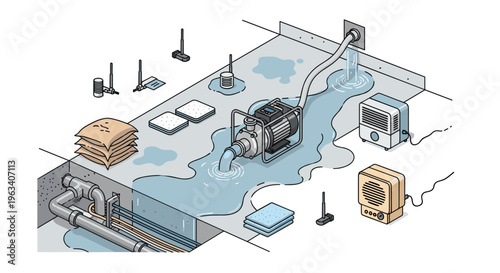 An isometric illustration shows a water pump draining a flooded basement with sandbags and dehumidifiers.