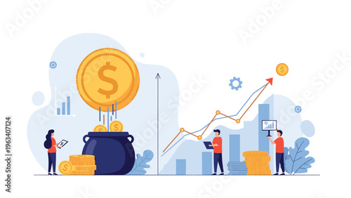Financial investment and wealth accumulation concept with gold coins falling into a large pot and business people monitoring a growth chart.
