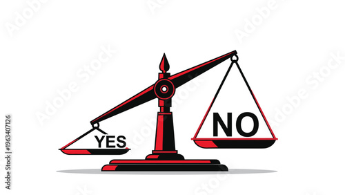 Classic red balance scale with two trays weighing a yes and a no option to represent the process of making important ethical decisions.