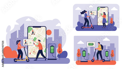 Modern urban transportation concept showing people using electric scooters and mobile apps to navigate city maps and find charging stations.