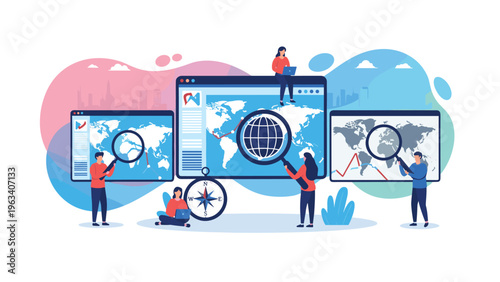 Global market research and data analysis concept with professionals using magnifying glasses to examine maps on multiple digital screens.