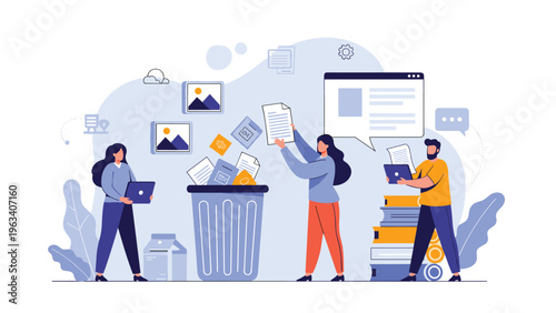 Efficient team of office workers sorting through documents and deleting unnecessary files into a trash bin to organize their workspace.