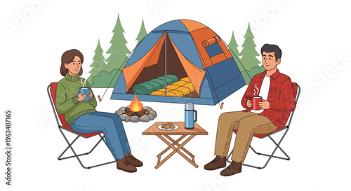 Camping, outdoor adventure, vector illustration, tent, camping scene