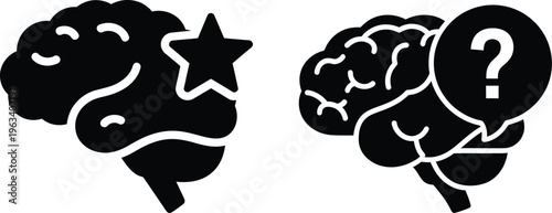 Vector brain illustrations left and right hemispheres with star and question mark symbols