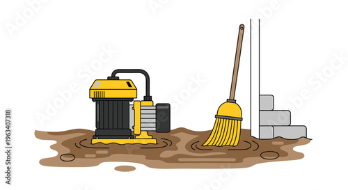 A yellow electric water pump is submerged in muddy water next to a broom and concrete steps on a white background.
