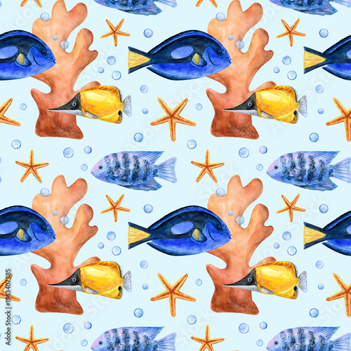Watercolor seascape with fish, corals, and starfish, seamless pattern. Hand-drawn illustration, nautical style. Underwater world.  Blue tang, Palette surgeonfish, yellow longnose butterflyfish.