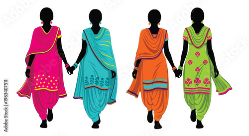 Four women in traditional indian clothing holding hands in a row