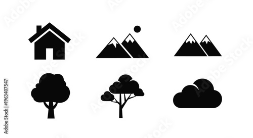 Simple black icons depicting a house mountains trees and clouds